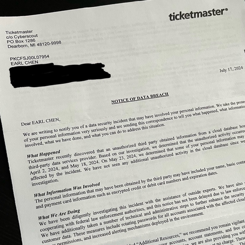 Ticketmaster Notice of Data Breach